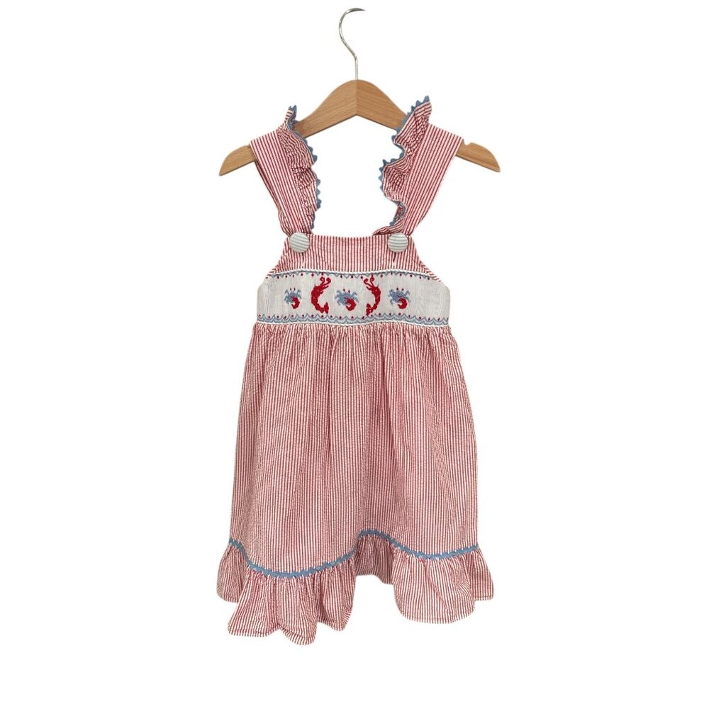 Shrimp & Grits Kids Red Striped Cotton Smocked Lobster Dress With Ruffle Straps